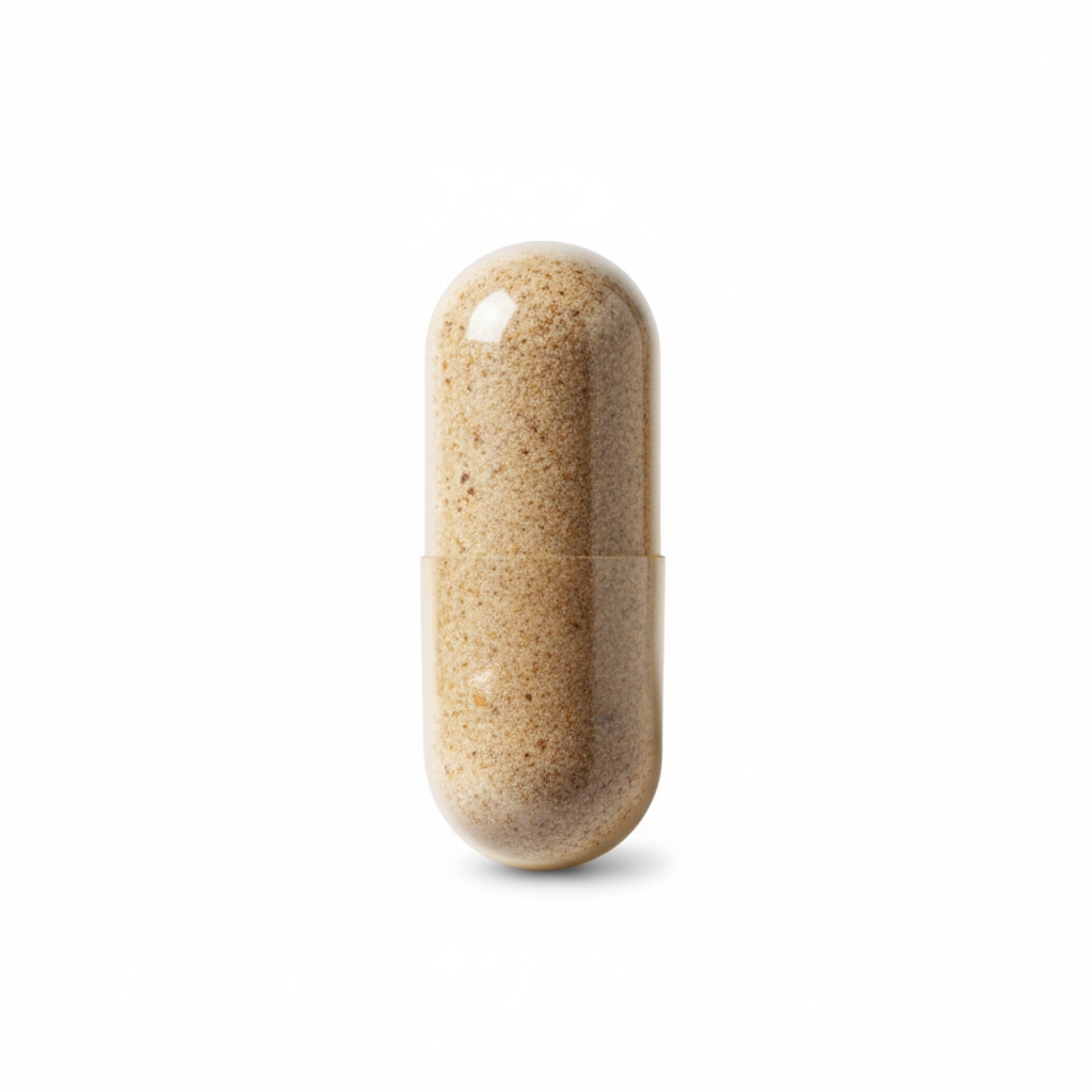 Multivitamin capsule with light brown speckled powder